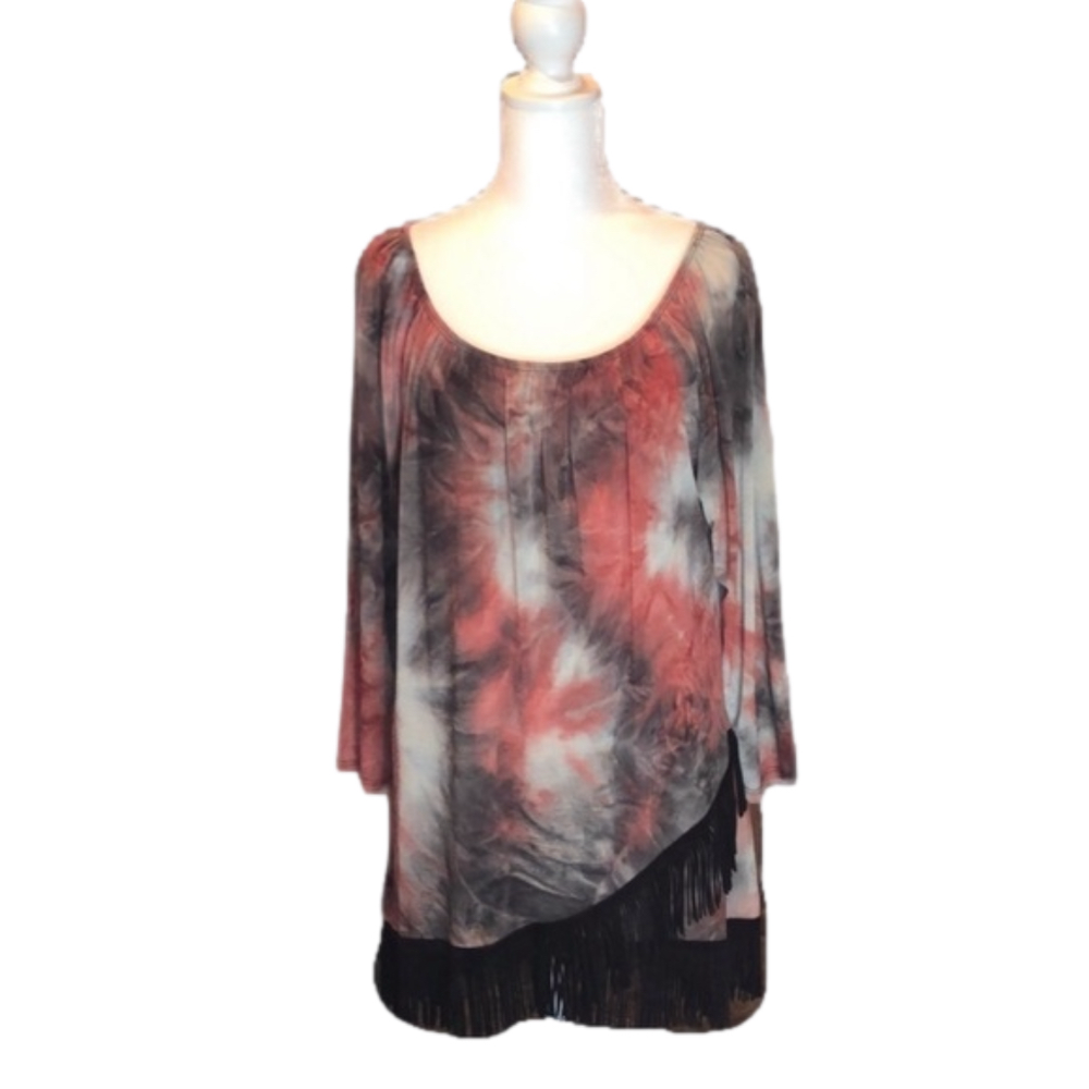 PAISLEY GRACE Brown Red/Orange Tie-Dye
Tunic Top w/ Brown Faux Suede Fringe SZ L